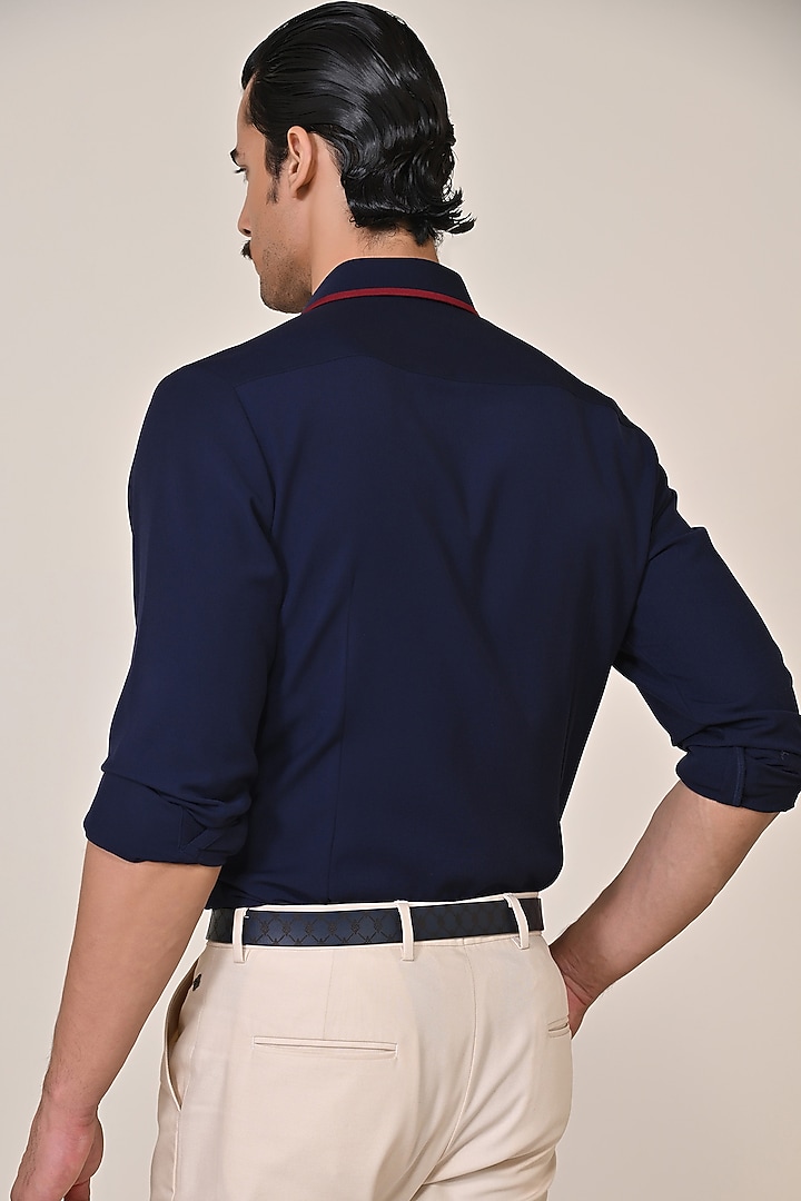 Navy Blue Terylene Viscose Lycra Crested Wedding Shirt by S&N by Shantnu Nikhil Men at Pernia's Pop Up Shop