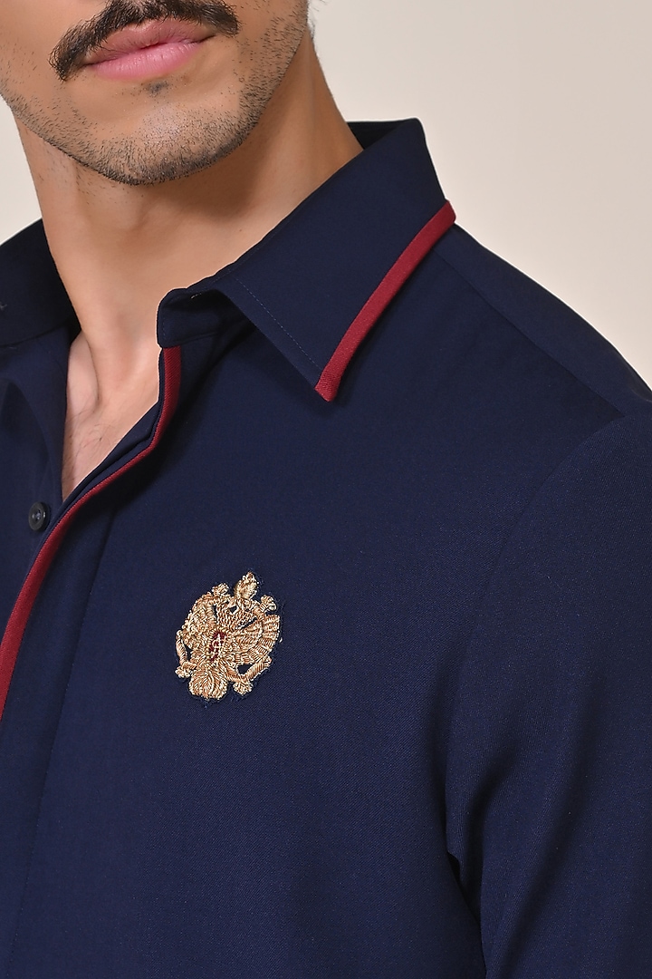 Navy Blue Terylene Viscose Lycra Crested Wedding Shirt by S&N by Shantnu Nikhil Men at Pernia's Pop Up Shop