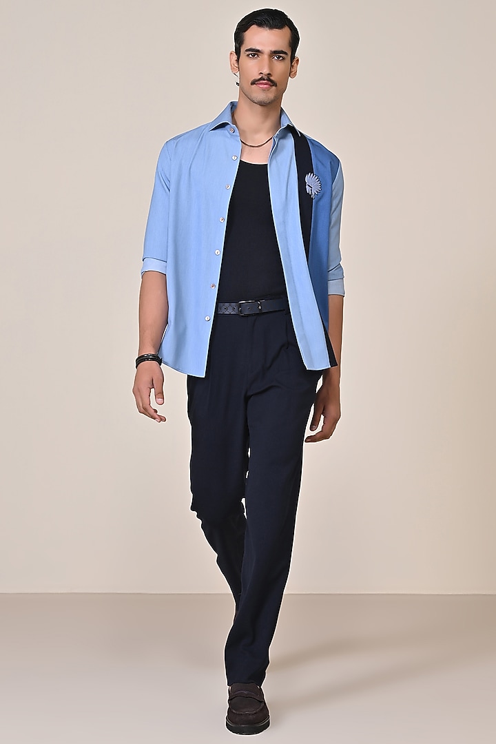 Light Blue Color-Blocked Terylene Viscose Spandex Blend Wedding Shirt by S&N by Shantnu Nikhil Men at Pernia's Pop Up Shop