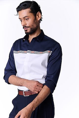 White Color-Block Cotton Lycra Shirt by S&N by Shantnu Nikhil Men