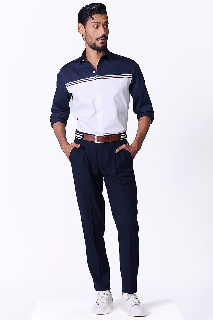 White Color-Block Cotton Lycra Party Wear Shirt by S&N by Shantnu Nikhil Men at Pernia's Pop Up Shop