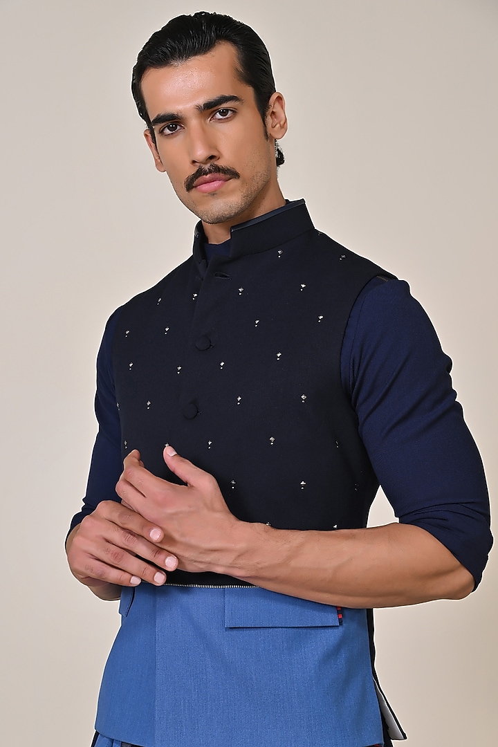 Dark Denim Viscose Spandex Suiting Blend Waistcoat by S&N by Shantnu Nikhil Men at Pernia's Pop Up Shop