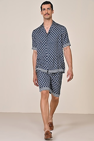 Navy Silk Twill Printed Shorts by S&N by Shantnu Nikhil Men