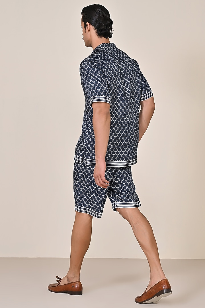 Navy Silk Twill Printed Shorts by S&N by Shantnu Nikhil Men at Pernia's Pop Up Shop