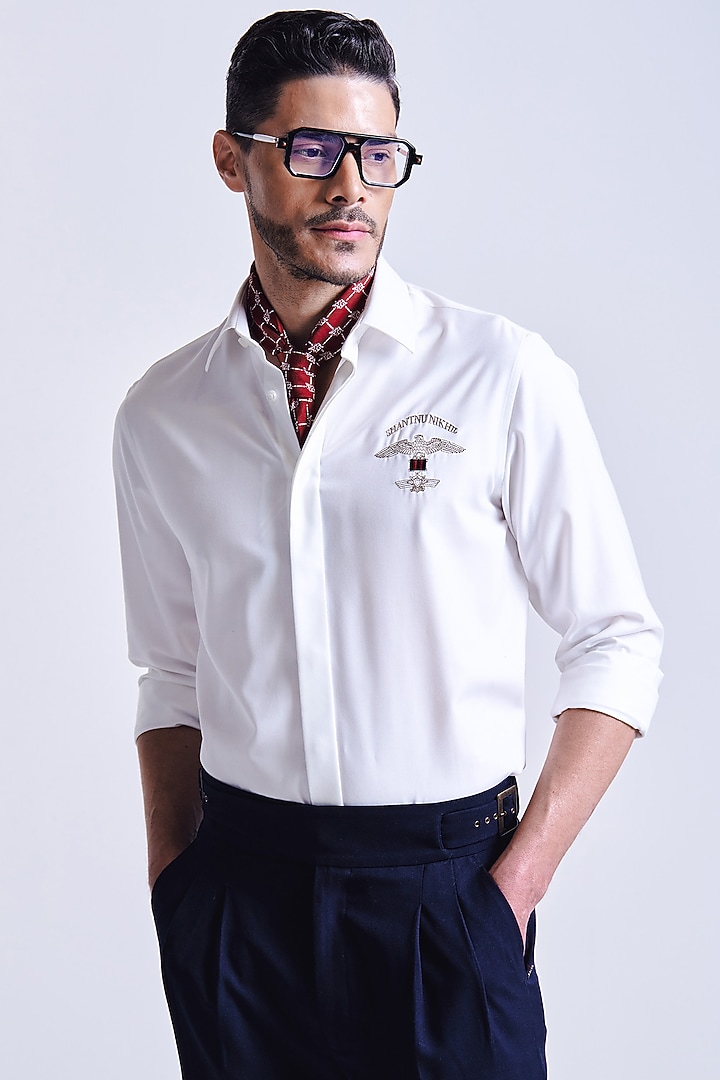 Off-White Terylene Viscose Lycra Insignia Wedding Shirt by S&N by Shantnu Nikhil Men at Pernia's Pop Up Shop