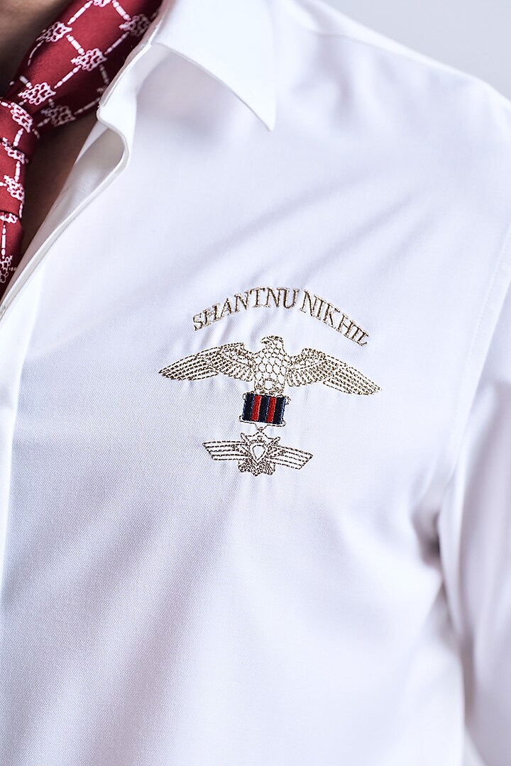 Off-White Terylene Viscose Lycra Insignia Wedding Shirt by S&N by Shantnu Nikhil Men at Pernia's Pop Up Shop