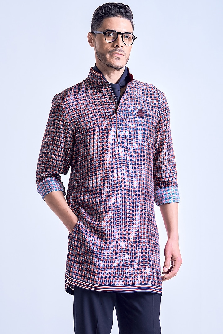Navy Blue Silk Twill Geometric Motif Kurta by S&N by Shantnu Nikhil Men at Pernia's Pop Up Shop