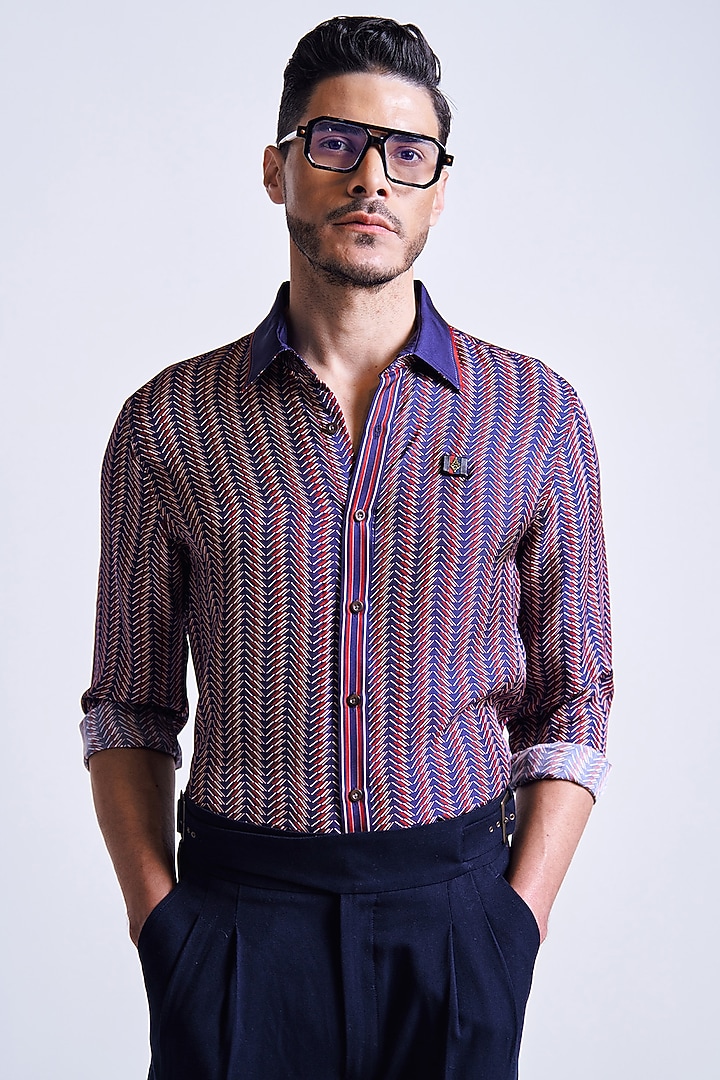Navy Blue Silk Twill Chevron Printed Wedding Shirt by S&N by Shantnu Nikhil Men at Pernia's Pop Up Shop