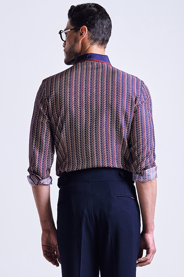 Navy Blue Silk Twill Chevron Printed Wedding Shirt by S&N by Shantnu Nikhil Men at Pernia's Pop Up Shop
