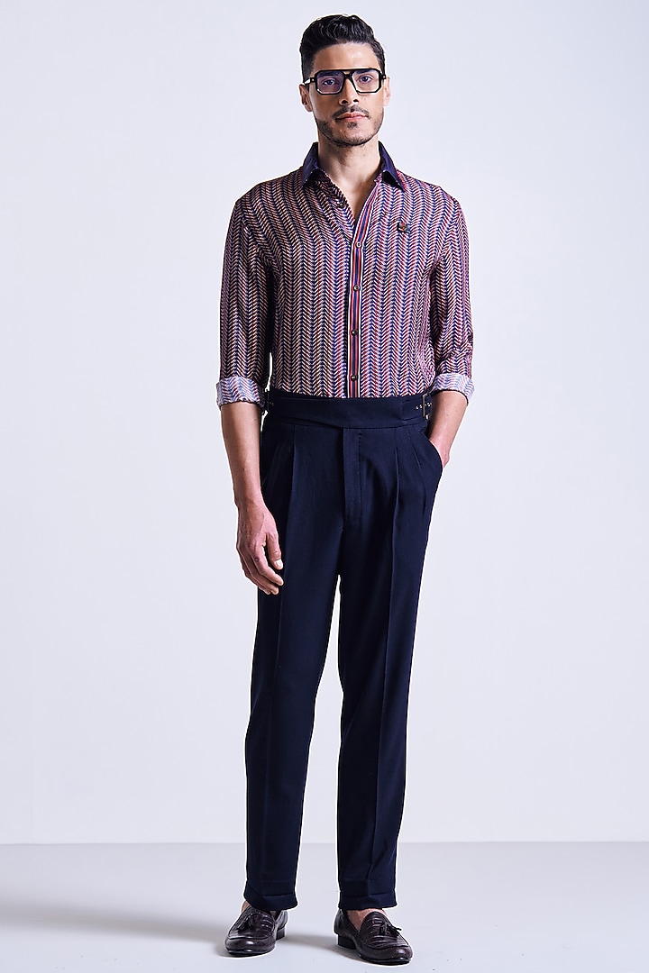 Navy Blue Silk Twill Chevron Printed Wedding Shirt by S&N by Shantnu Nikhil Men at Pernia's Pop Up Shop