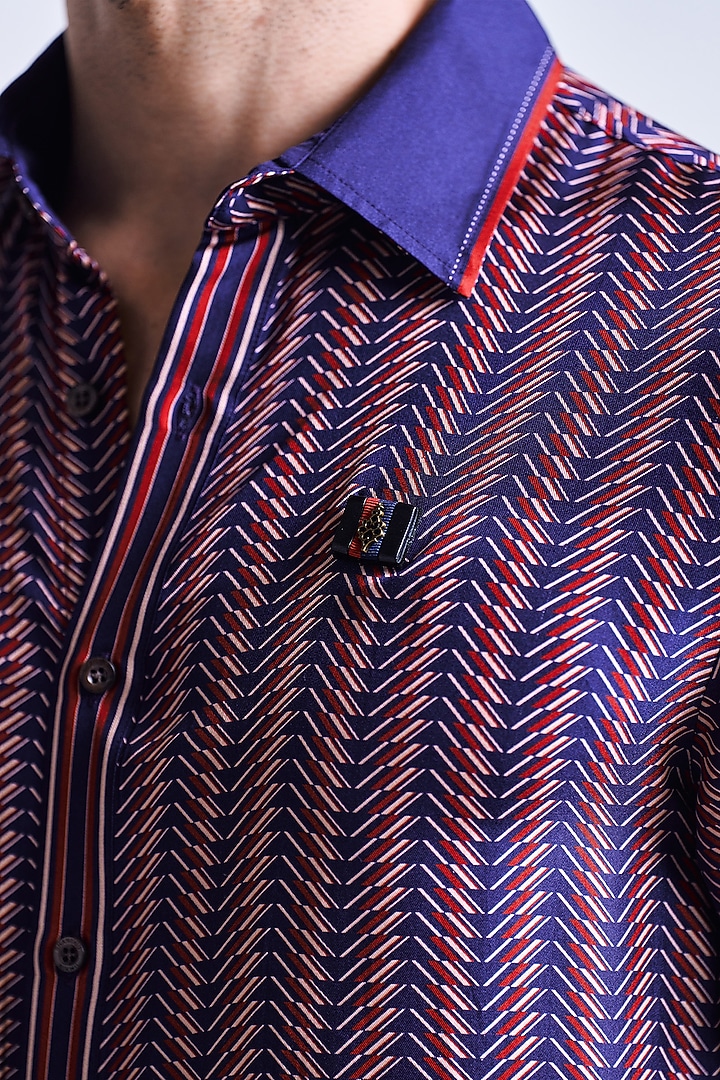 Navy Blue Silk Twill Chevron Printed Wedding Shirt by S&N by Shantnu Nikhil Men at Pernia's Pop Up Shop