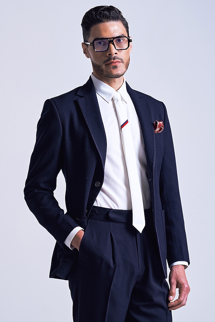 Navy Blue Poly Blend Viscose Lycra Jacket by S&N by Shantnu Nikhil Men at Pernia's Pop Up Shop