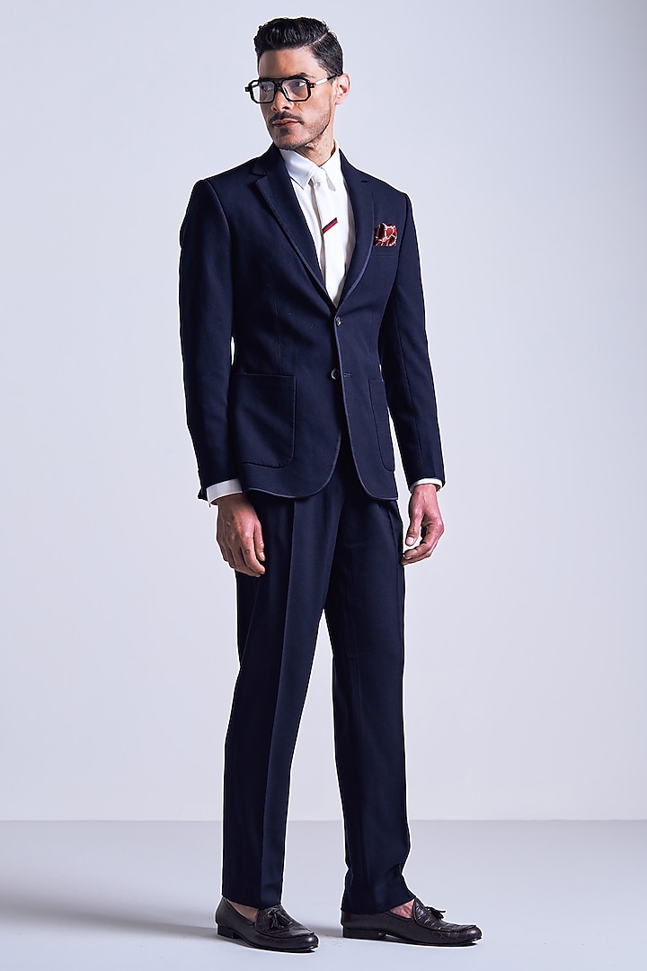 Navy Blue Poly Blend Viscose Lycra Jacket by S&N by Shantnu Nikhil Men at Pernia's Pop Up Shop