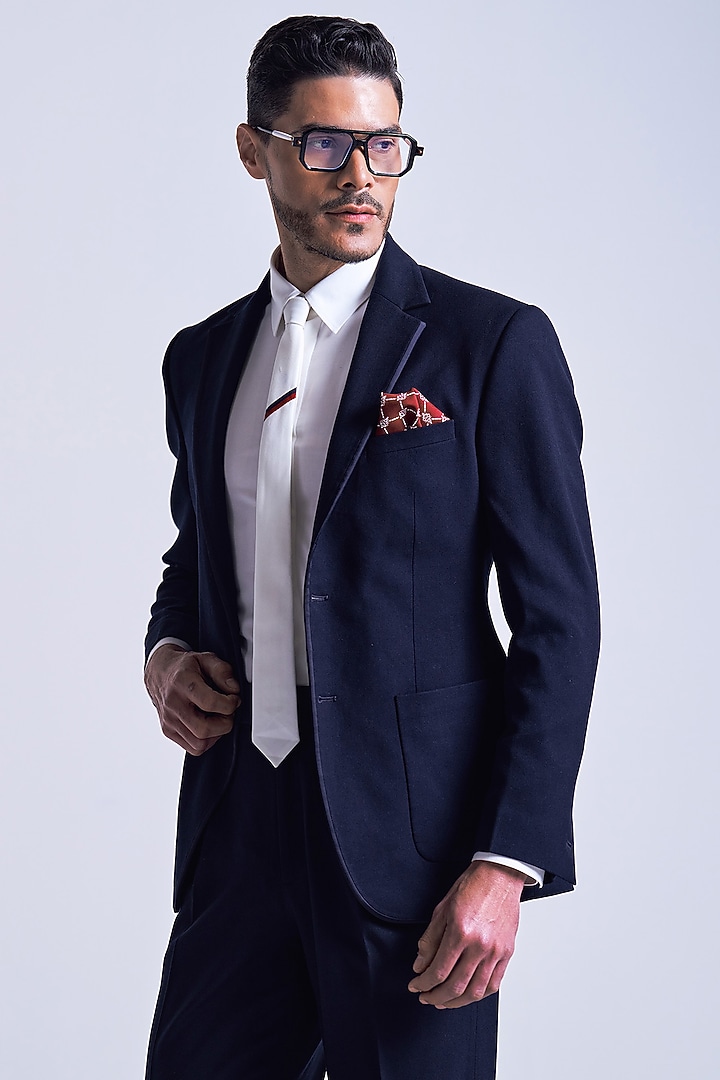 Navy Blue Poly Blend Viscose Lycra Jacket by S&N by Shantnu Nikhil Men at Pernia's Pop Up Shop