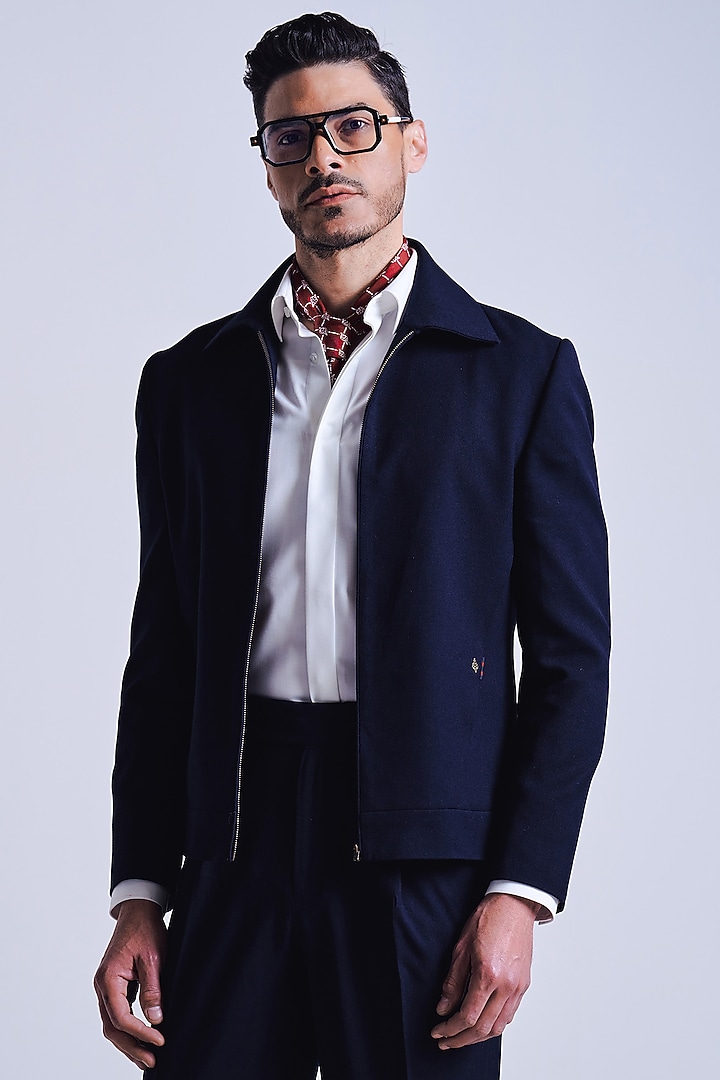 Navy Blue Poly Blend Viscose Lycra Jacket by S&N by Shantnu Nikhil Men at Pernia's Pop Up Shop