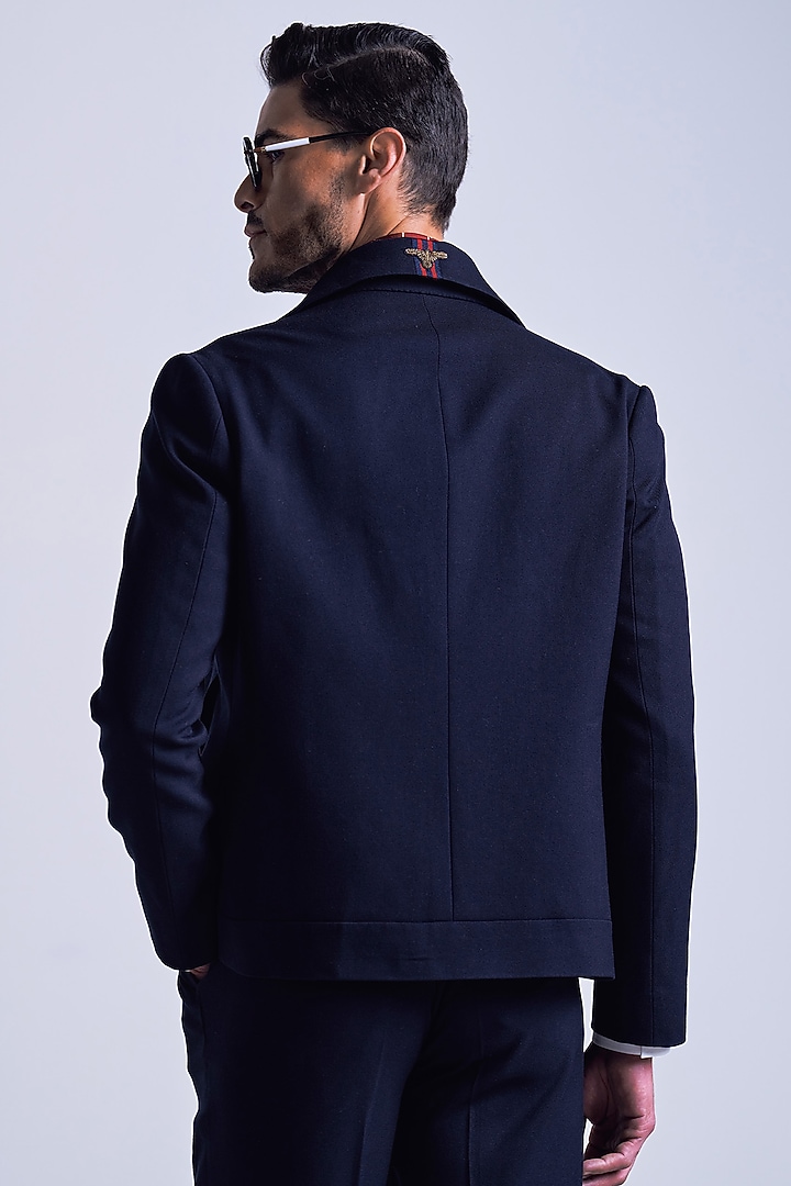 Navy Blue Poly Blend Viscose Lycra Jacket by S&N by Shantnu Nikhil Men at Pernia's Pop Up Shop