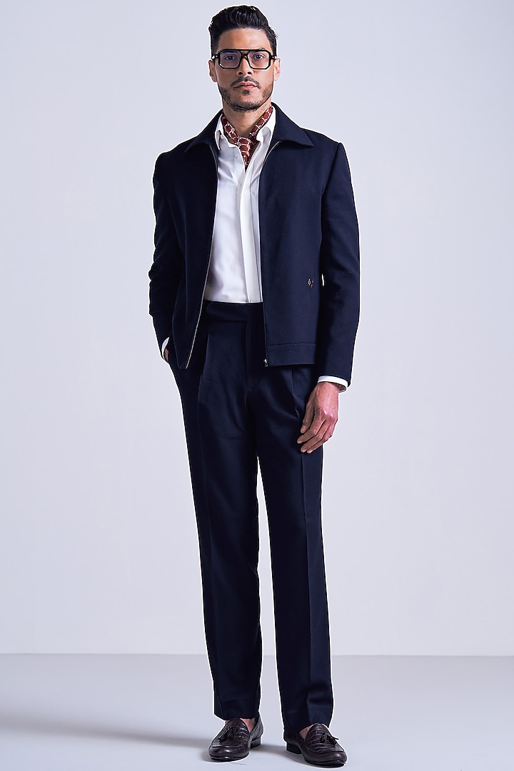 Navy Blue Poly Blend Viscose Lycra Jacket by S&N by Shantnu Nikhil Men at Pernia's Pop Up Shop