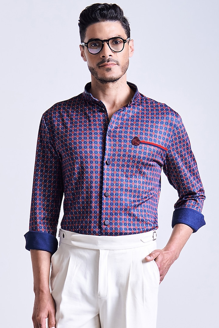Navy Blue & Cherry Crepe Jersey Micro-Printed Wedding Shirt by S&N by Shantnu Nikhil Men at Pernia's Pop Up Shop