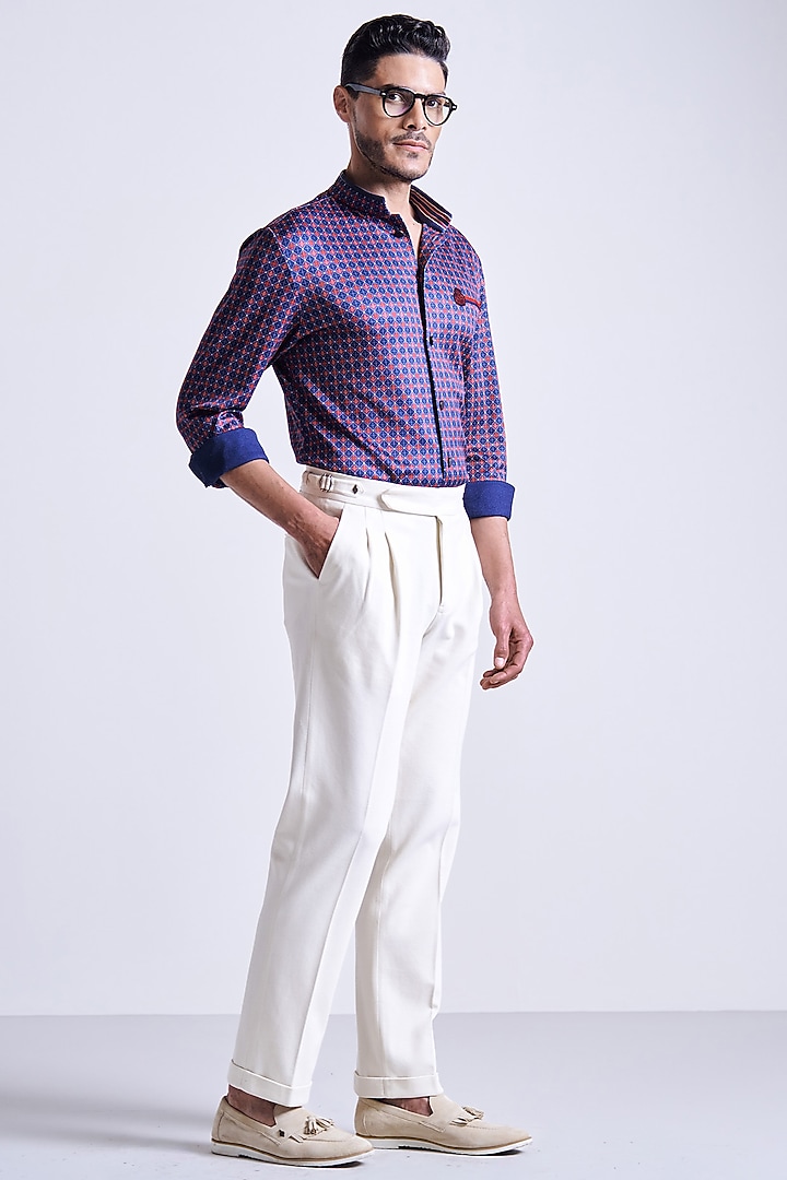 Navy Blue & Cherry Crepe Jersey Micro-Printed Wedding Shirt by S&N by Shantnu Nikhil Men at Pernia's Pop Up Shop