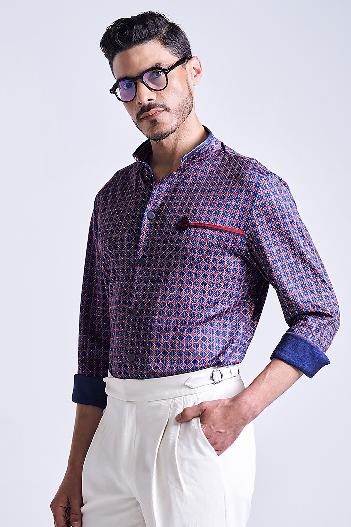 Navy Blue & Cherry Crepe Jersey Micro-Printed Wedding Shirt by S&N by Shantnu Nikhil Men at Pernia's Pop Up Shop