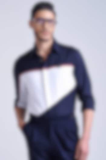 Navy BLue & Off-White Poly Blend Viscose Party Wear Shirt by S&N by Shantnu Nikhil Men at Pernia's Pop Up Shop