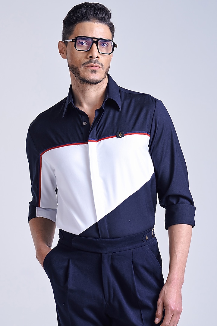 Navy BLue & Off-White Poly Blend Viscose Party Wear Shirt by S&N by Shantnu Nikhil Men at Pernia's Pop Up Shop