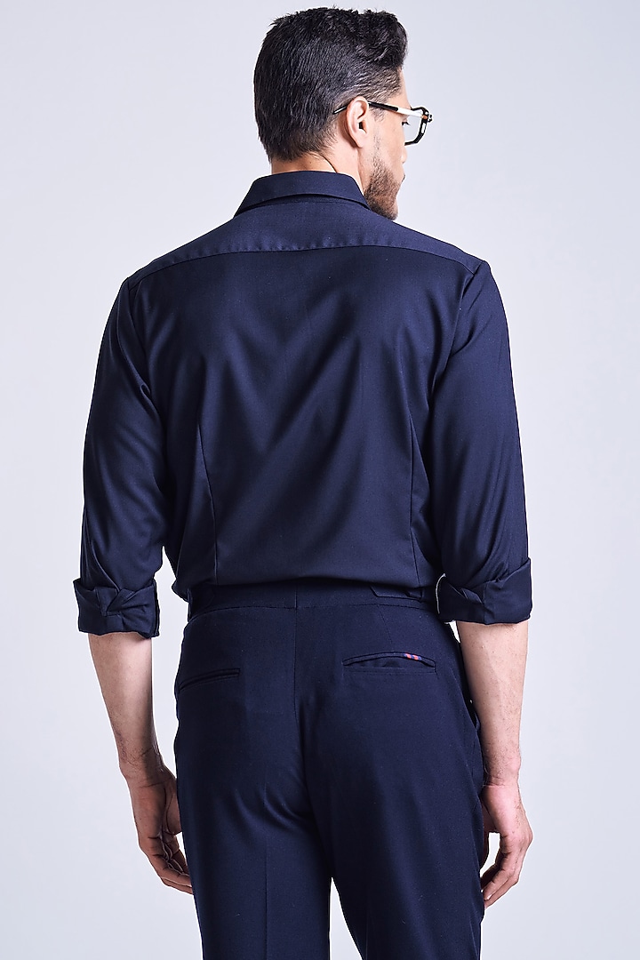 Navy BLue & Off-White Poly Blend Viscose Party Wear Shirt by S&N by Shantnu Nikhil Men at Pernia's Pop Up Shop