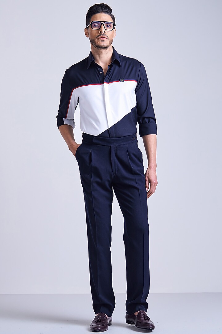 Navy BLue & Off-White Poly Blend Viscose Party Wear Shirt by S&N by Shantnu Nikhil Men at Pernia's Pop Up Shop