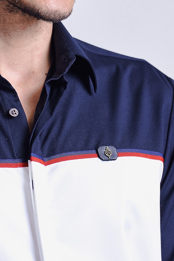 Navy BLue & Off-White Poly Blend Viscose Party Wear Shirt by S&N by Shantnu Nikhil Men at Pernia's Pop Up Shop