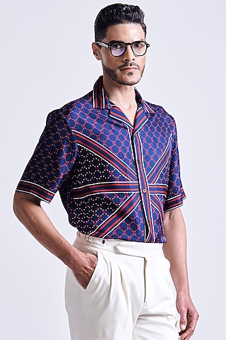 Navy Blue & Cherry Silk Twill Shirt by S&N by Shantnu Nikhil Men