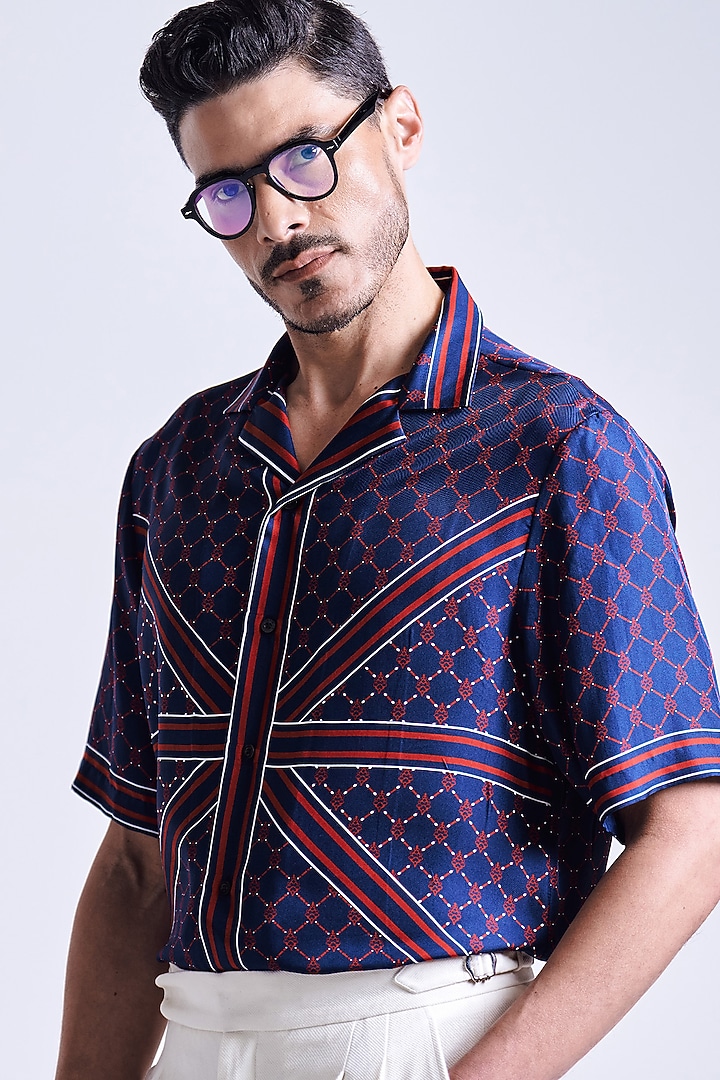 Navy Blue & Cherry Silk Twill Wedding Shirt by S&N by Shantnu Nikhil Men at Pernia's Pop Up Shop