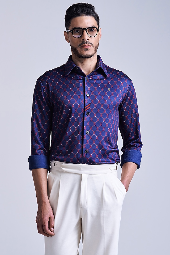 Navy Blue & Cherry Crepe Jersey Geometric Printed Wedding Shirt by S&N by Shantnu Nikhil Men at Pernia's Pop Up Shop