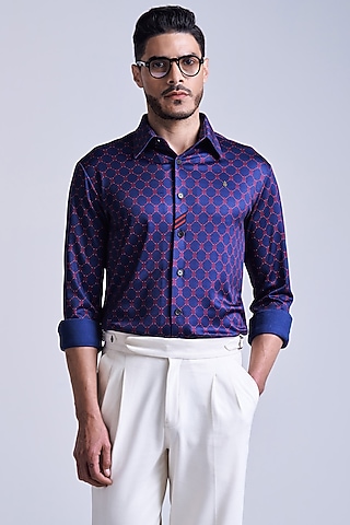 Navy Blue & Cherry Crepe Jersey Geometric Printed Shirt by S&N by Shantnu Nikhil Men