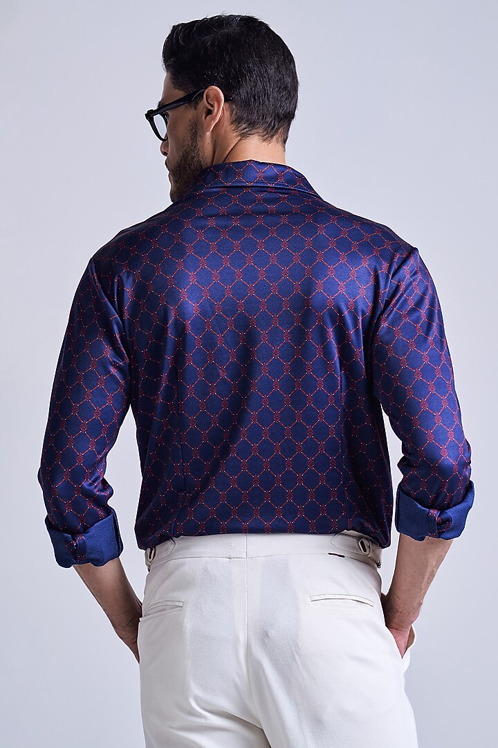 Navy Blue & Cherry Crepe Jersey Geometric Printed Wedding Shirt by S&N by Shantnu Nikhil Men at Pernia's Pop Up Shop