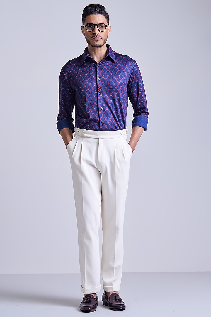Navy Blue & Cherry Crepe Jersey Geometric Printed Wedding Shirt by S&N by Shantnu Nikhil Men at Pernia's Pop Up Shop