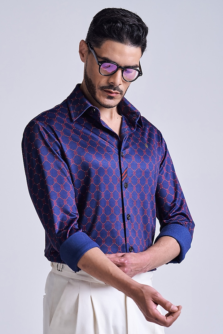 Navy Blue & Cherry Crepe Jersey Geometric Printed Wedding Shirt by S&N by Shantnu Nikhil Men at Pernia's Pop Up Shop