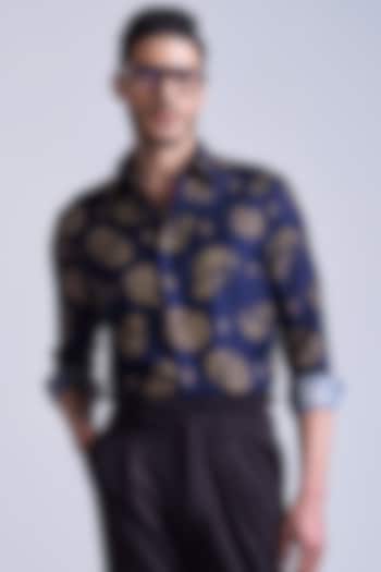 Navy Blue Silk Twill Skull Printed Wedding Shirt by S&N by Shantnu Nikhil Men at Pernia's Pop Up Shop