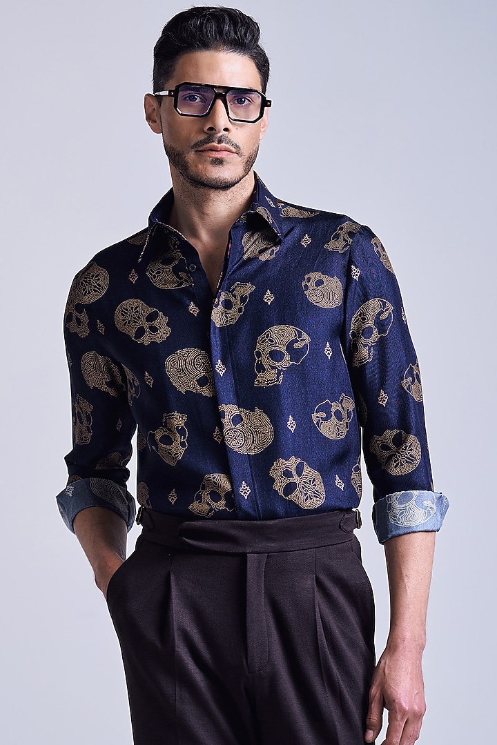 Navy Blue Silk Twill Skull Printed Wedding Shirt by S&N by Shantnu Nikhil Men at Pernia's Pop Up Shop