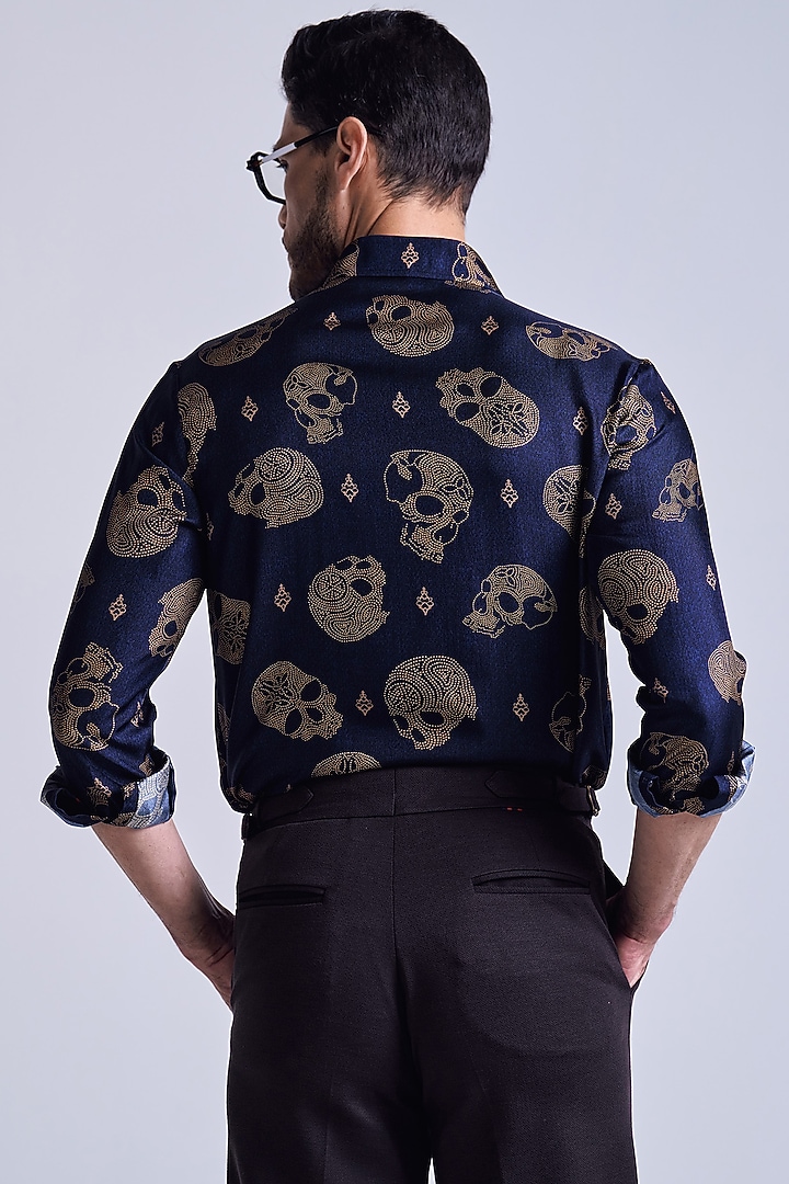 Navy Blue Silk Twill Skull Printed Wedding Shirt by S&N by Shantnu Nikhil Men at Pernia's Pop Up Shop