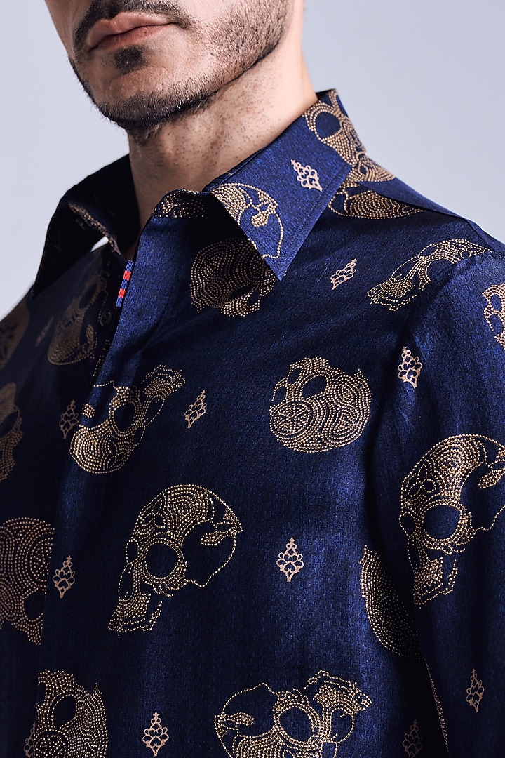Navy Blue Silk Twill Skull Printed Wedding Shirt by S&N by Shantnu Nikhil Men at Pernia's Pop Up Shop