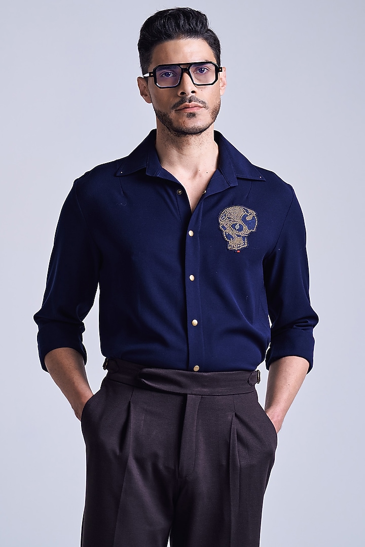 Navy Blue Rayon Blend Suiting Wedding Shirt by S&N by Shantnu Nikhil Men at Pernia's Pop Up Shop