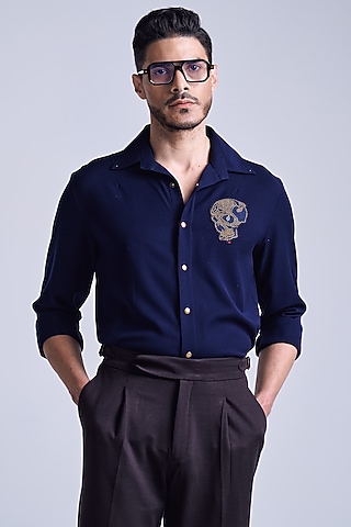 Navy Blue Rayon Blend Suiting Shirt by S&N by Shantnu Nikhil Men