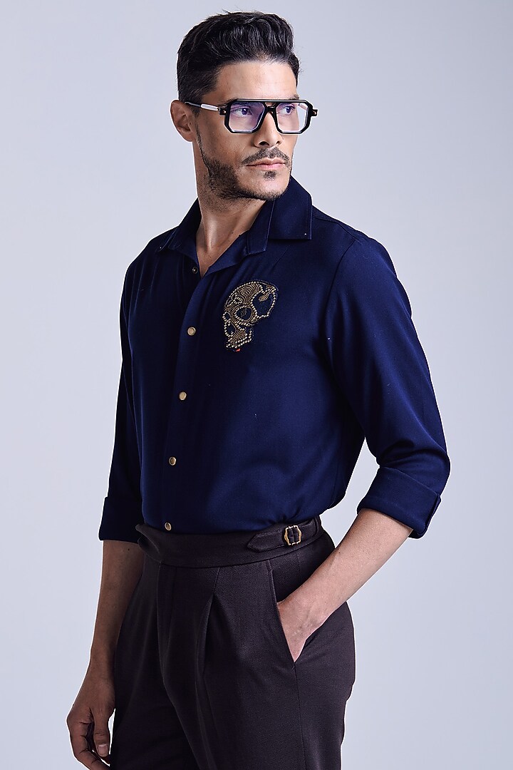 Navy Blue Rayon Blend Suiting Wedding Shirt by S&N by Shantnu Nikhil Men at Pernia's Pop Up Shop