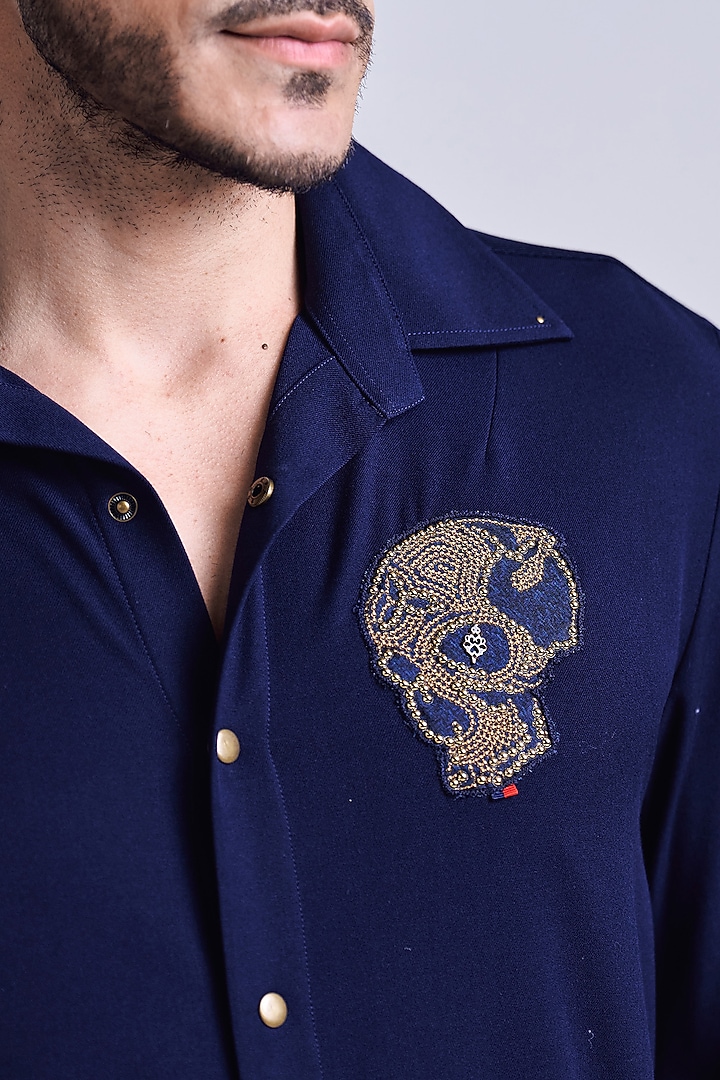 Navy Blue Rayon Blend Suiting Wedding Shirt by S&N by Shantnu Nikhil Men at Pernia's Pop Up Shop