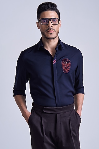 Navy Blue Rayon Blend Suiting Shirt by S&N by Shantnu Nikhil Men