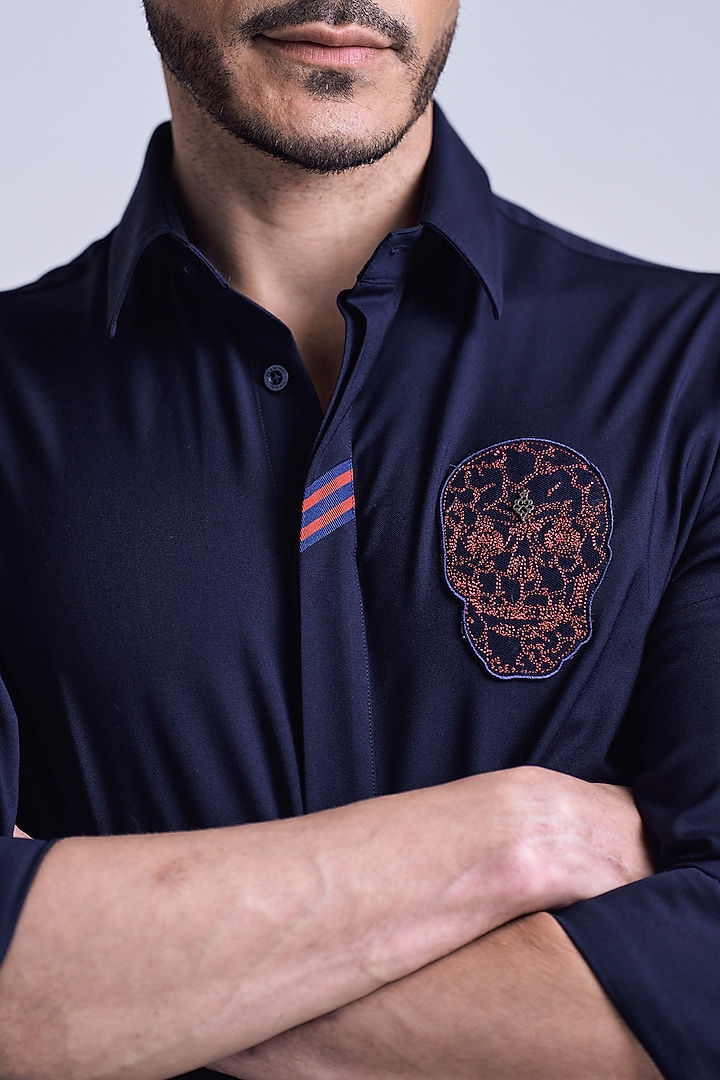 Navy Blue Rayon Blend Suiting Wedding Shirt by S&N by Shantnu Nikhil Men at Pernia's Pop Up Shop