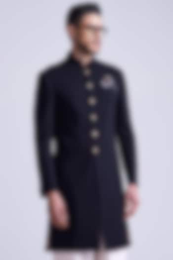 Black Poly Blend Viscose Lycra Wedding Sherwani by S&N by Shantnu Nikhil Men at Pernia's Pop Up Shop