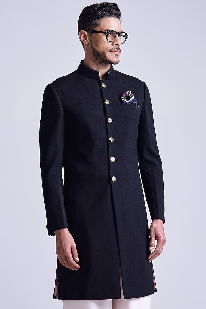 Black Poly Blend Viscose Lycra Wedding Sherwani by S&N by Shantnu Nikhil Men at Pernia's Pop Up Shop