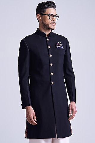 Black Poly Blend Viscose Lycra Sherwani by S&N by Shantnu Nikhil Men