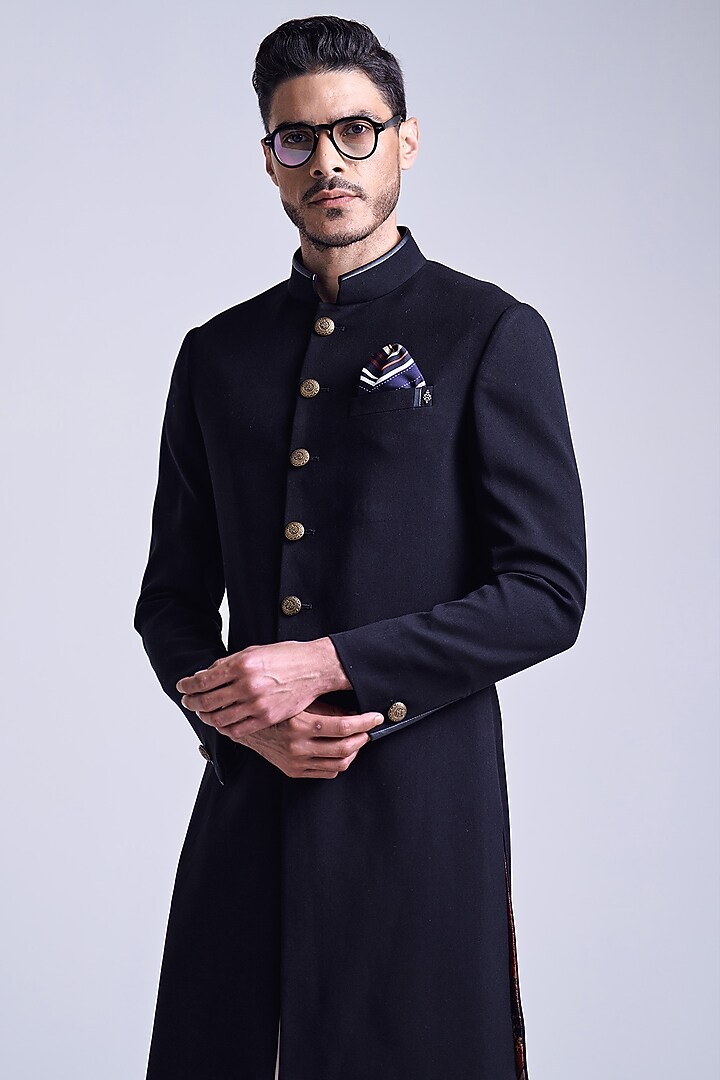 Black Poly Blend Viscose Lycra Wedding Sherwani by S&N by Shantnu Nikhil Men at Pernia's Pop Up Shop